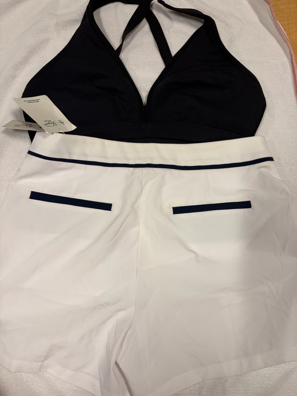 Stanley White Women's Cargo Shorts with Navy Trim sport bra bundle